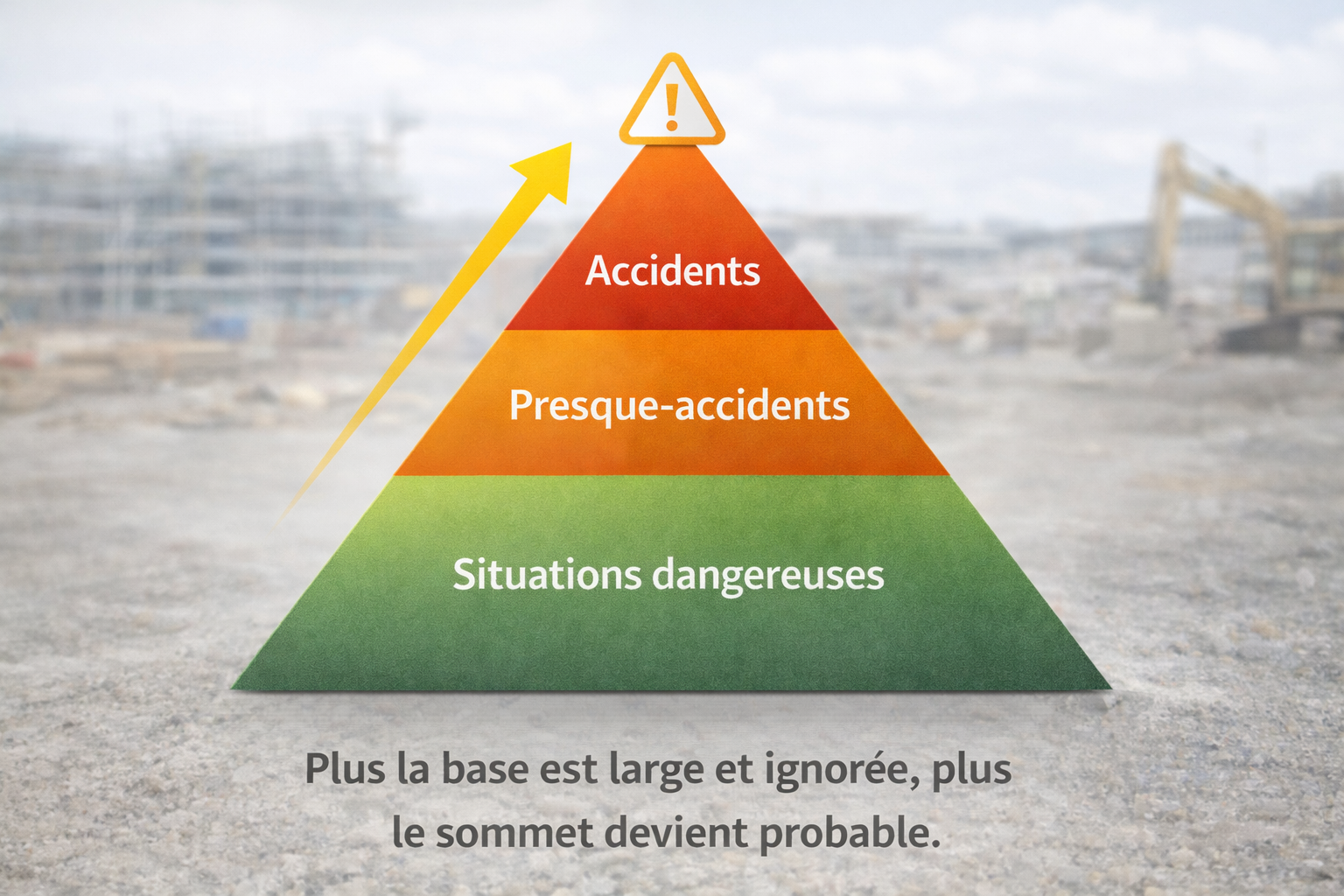 Pyramide Bird de la sécurité montrant, de bas en haut, les « situations dangereuses », les « presque-accidents » puis les « accidents », avec une flèche ascendante et un pictogramme de danger au sommet, sur un chantier flou en arrière-plan.