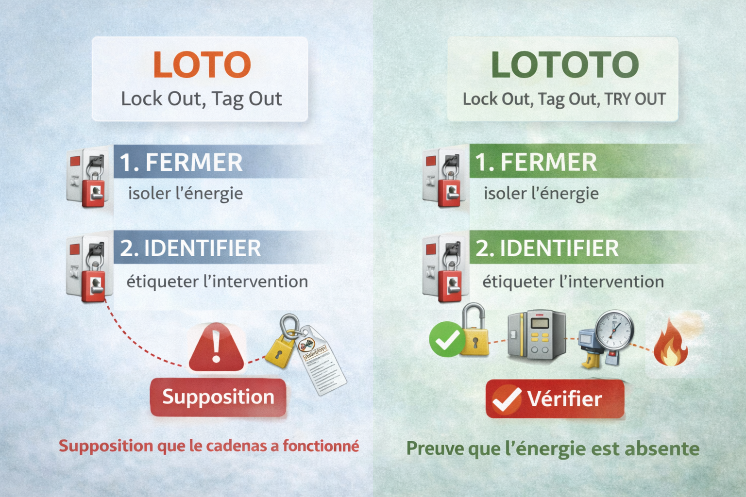 Visuel comparatif entre la méthode LOTO et la méthode LOTOTO, montrant à gauche deux étapes « Fermer » et « Identifier » menant à une simple supposition de sécurité, et à droite les mêmes étapes complétées par une étape « Vérifier » prouvant l’absence d’énergie.