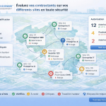 Carte des sites illustrant le module « EHS Vendor Assessment » pour évaluer les contractants sur différents sites, avec des pastilles de couleur indiquant le niveau de qualification et les activités critiques.