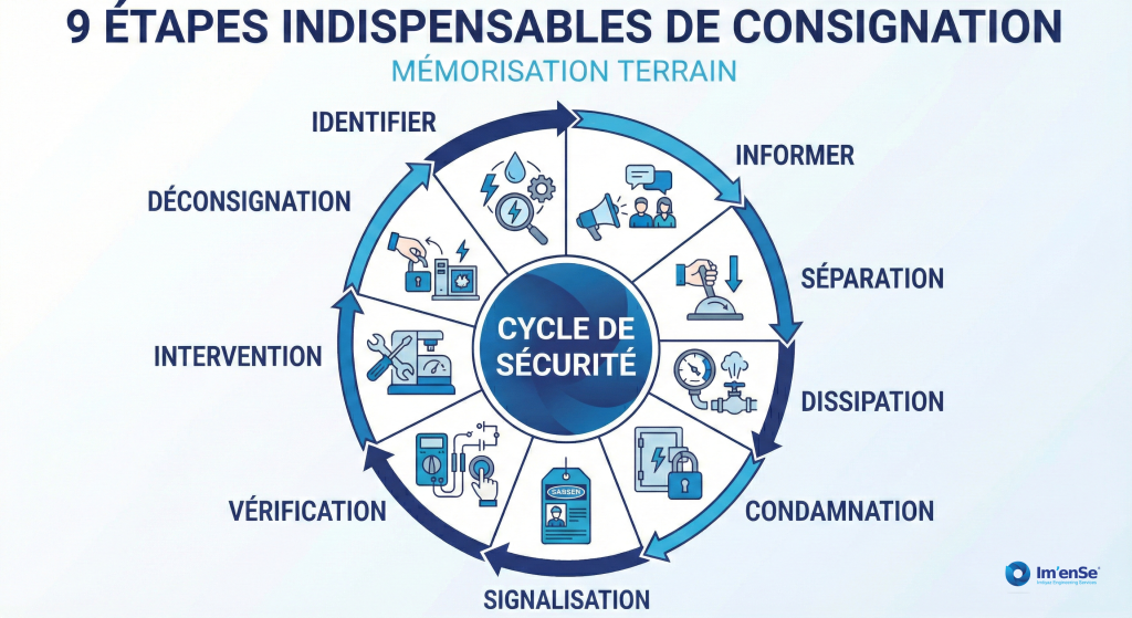 Schéma circulaire intitulé « 9 étapes indispensables de consignation » montrant un cycle de sécurité avec neuf phases autour d’un cercle central « Cycle de sécurité ».