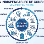 Schéma circulaire intitulé « 9 étapes indispensables de consignation » montrant un cycle de sécurité avec neuf phases autour d’un cercle central « Cycle de sécurité ».