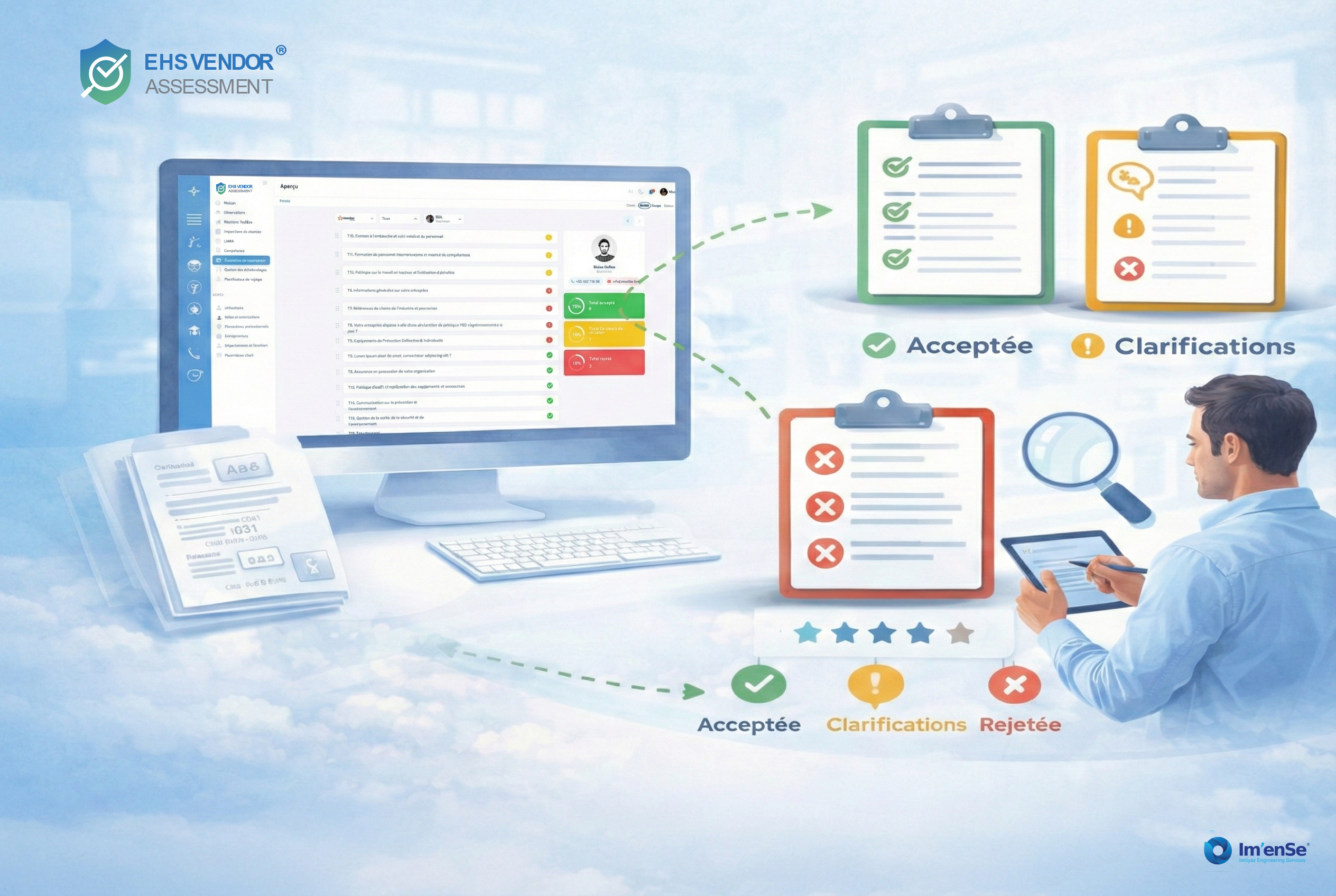 Pourquoi évaluer ses fournisseurs ne se limite plus à un simple référencement
Historiquement, l’évaluation fournisseur se résumait souvent à une comparaison de prix, de délais et de capacités techniques.
Aujourd’hui, cette approche est largement insuffisante.
Les entreprises doivent désormais intégrer :
•	La conformité réglementaire (sociale, environnementale, sécurité),
•	La capacité réelle à intervenir sans générer de risques pour les personnes, les installations ou l’image de marque,
•	La robustesse organisationnelle du prestataire (processus, formations, supervision, qualifications),
•	La capacité à s’inscrire dans une relation durable, traçable et améliorable.
Une défaillance fournisseur peut entraîner des conséquences directes : accidents, incidents, pollution environnementale, arrêts prolongés de production, sanctions réglementaires de la part des autorités compétentes, litiges contractuels ou réputationnels devant les tribunaux. 
Les méthodes courantes d’évaluation des fournisseurs
1. La préqualification documentaire
C’est l’approche la plus répandue. Elle consiste à collecter en amont :
•	Documents administratifs et légaux,
•	Assurances et habilitations,
•	Certifications (qualité, sécurité, environnement),
•	Procédures internes clés.
•	Références de travaux similaires chez des clients d’un même secteur
Cette étape permet un premier filtre objectif, mais reste souvent statique si elle n’est pas suivie dans le temps.
2. Les questionnaires et grilles d’évaluation
De nombreuses organisations utilisent des questionnaires papier standardisés, parfois pondérés, pour évaluer :
•	L’organisation HSE,
•	La formation du personnel,
•	La gestion des risques spécifiques,
•	Le retour d’expérience.
Ces grilles facilitent la comparaison entre prestataires, à condition qu’elles soient contextualisées selon les activités réellement confiées.
3. Les audits et évaluations terrain
L’audit fournisseur, interne ou externe, permet de dépasser la déclaration pour observer les pratiques réelles.
Il reste cependant coûteux, ponctuel, et difficile à généraliser à l’ensemble d’un panel fournisseurs.
 
4. Le suivi dans la durée
Une évaluation pertinente ne s’arrête pas à l’entrée du fournisseur.
Les entreprises les plus matures mettent en place :
•	Des revues périodiques,
•	Des indicateurs de performance et de sécurité,
•	Des mécanismes de suspension ou de requalification.
C’est souvent sur ce point que les démarches traditionnelles montrent leurs limites.
Les outils numériques : de la dispersion à la structuration
