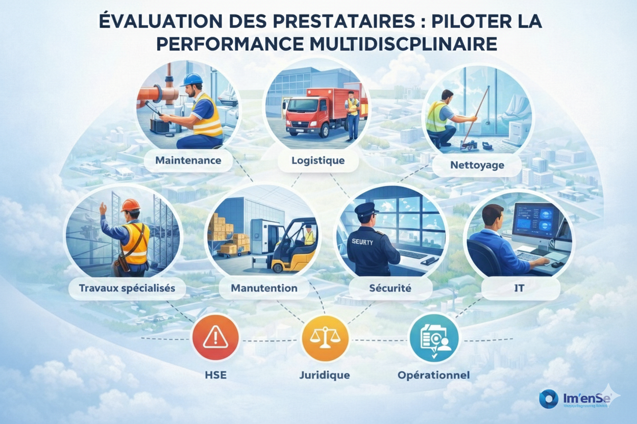 Illustration intitulée « Évaluation des prestataires : piloter la performance multidisciplinaire » montrant différents métiers sous forme de vignettes (maintenance, logistique, nettoyage, travaux spécialisés, manutention, sécurité, IT) reliés à trois pôles d’évaluation HSE, juridique et opérationnel.