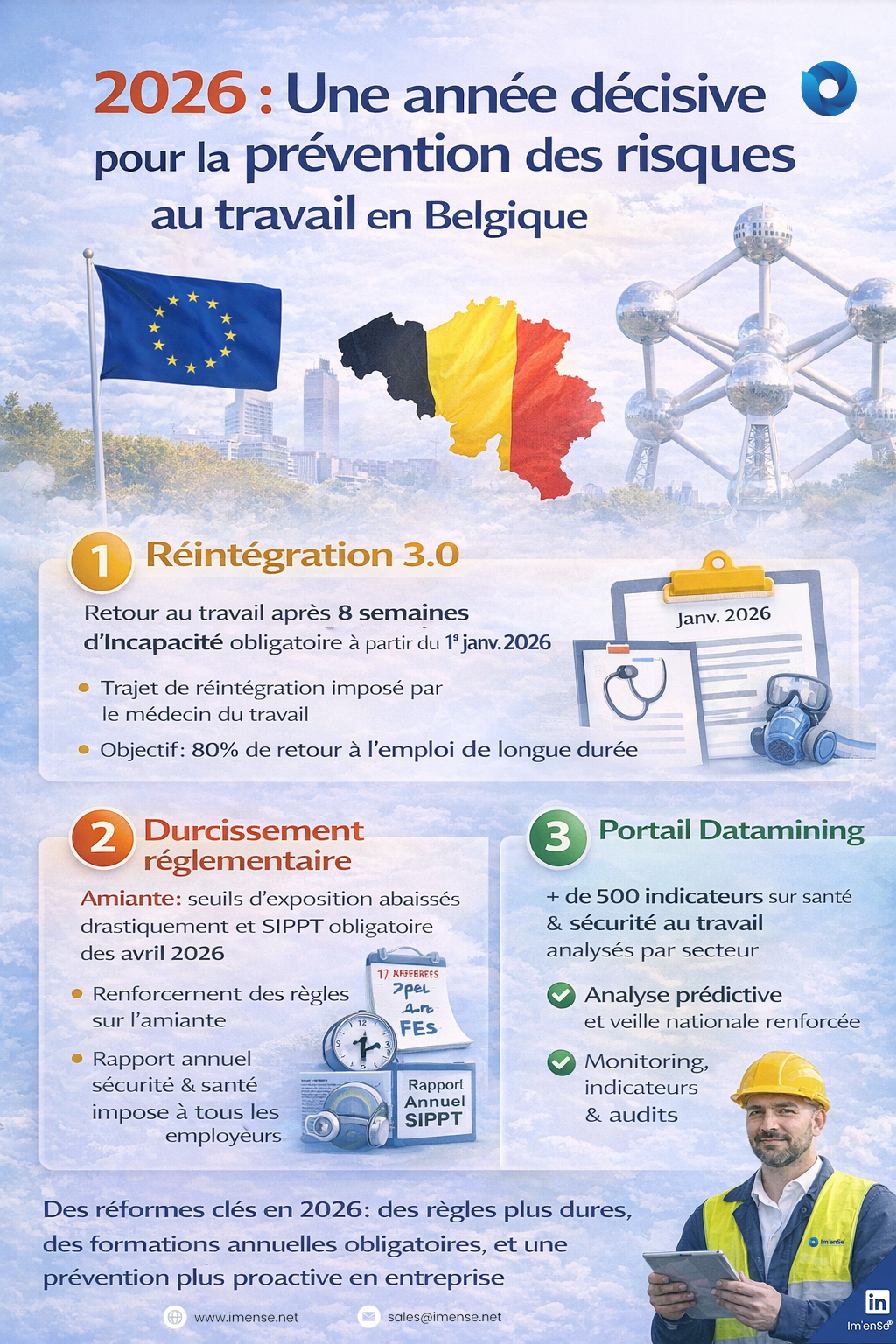 Infographie 2026 prévention risques Belgique : Réintégration 3.0, durcissement amiante/SIPPT, portail Datamining, drapeaux BE/EU, analyses prédictives HSE.