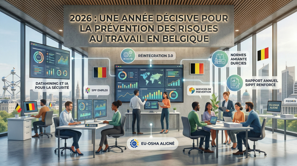 Image de couverture : bureau moderne avec écrans data sur Réintégration 3.0, amiante, SPF Emploi, Datamining et EU-OSHA, drapeaux belges, thème 2026 prévention risques Belgique.
