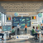 Image de couverture : bureau moderne avec écrans data sur Réintégration 3.0, amiante, SPF Emploi, Datamining et EU-OSHA, drapeaux belges, thème 2026 prévention risques Belgique.