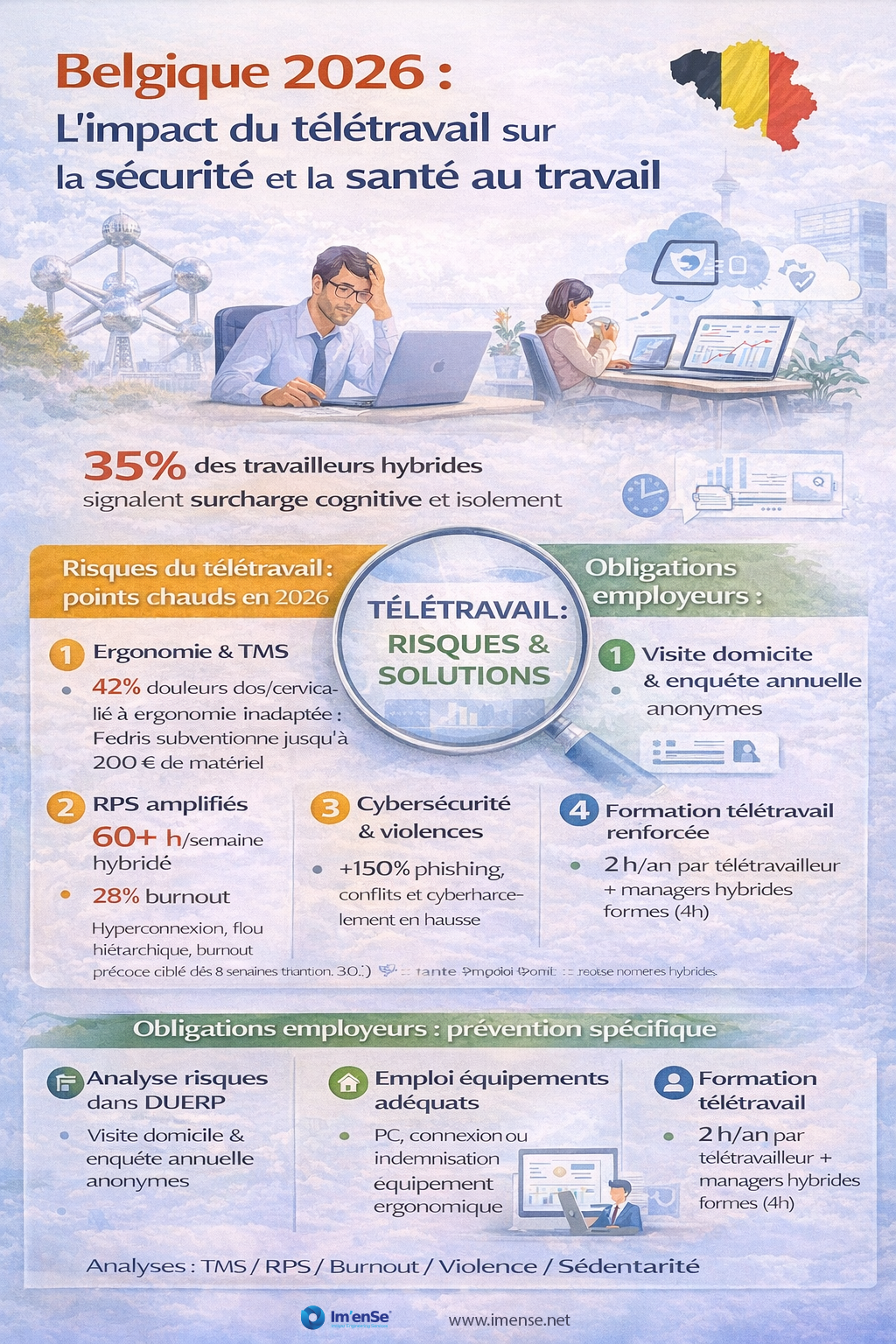Infographie intitulée « Belgique 2026 : L’impact du télétravail sur la sécurité et la santé au travail » avec statistiques sur le télétravail hybride et liste de risques et obligations TMS.