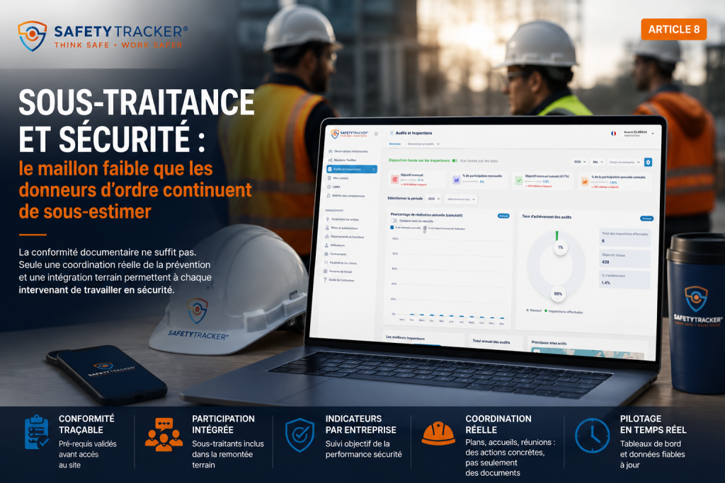 Dashboard SafetyTracker affiché sur un ordinateur portable dans un environnement industriel pour illustrer la gestion de la sécurité des sous-traitants.