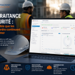 Dashboard SafetyTracker affiché sur un ordinateur portable dans un environnement industriel pour illustrer la gestion de la sécurité des sous-traitants.